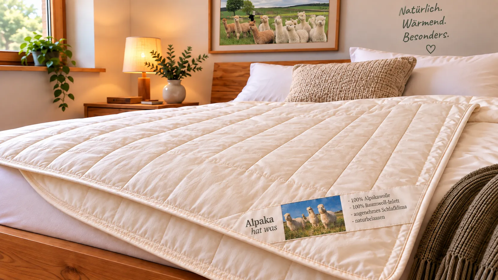 Handwerklich gefertigte Alpakabettdecke auf einem Bett